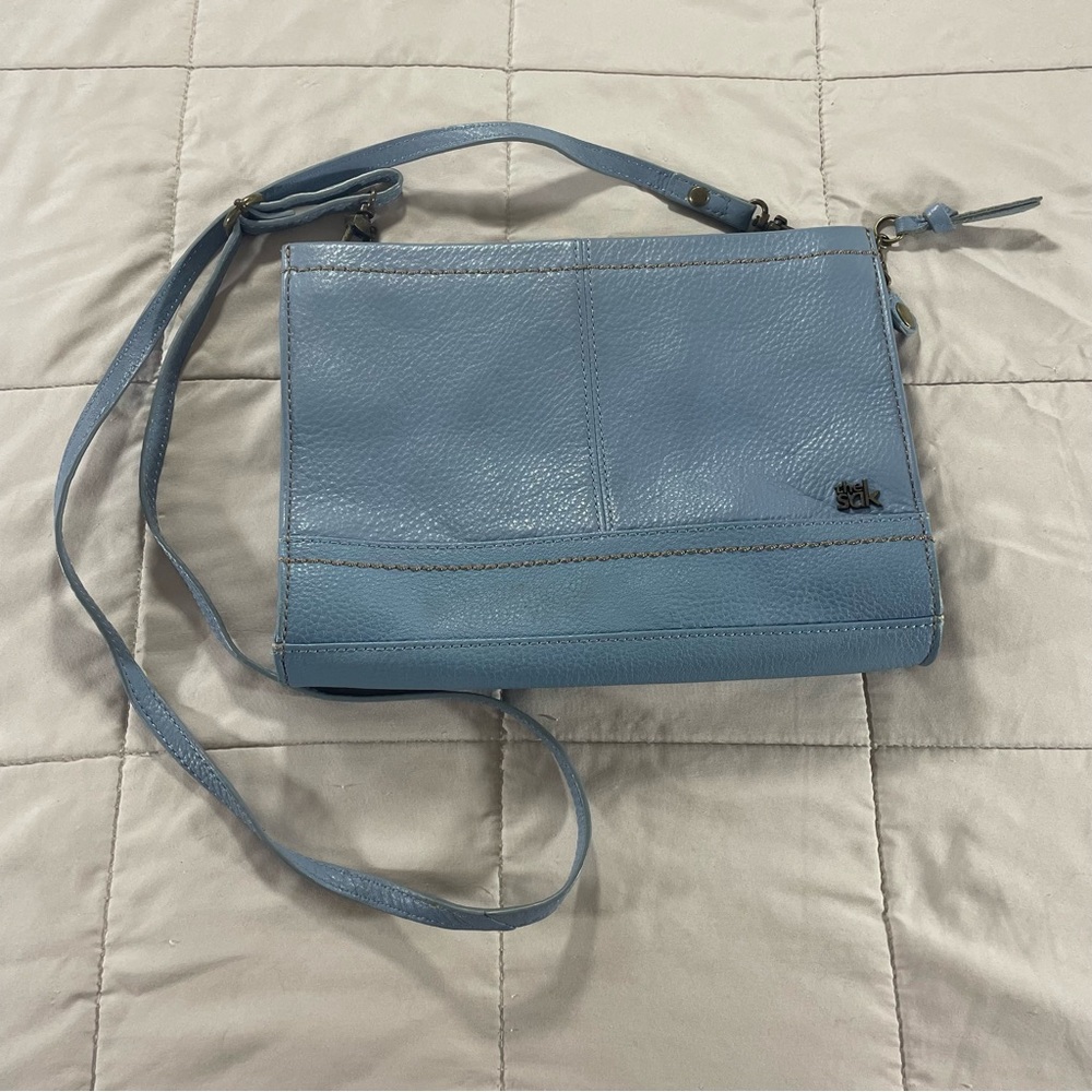 The Sak Iris Light Blue Leather Crossbody Bag Adjustable Strap Zip Closure